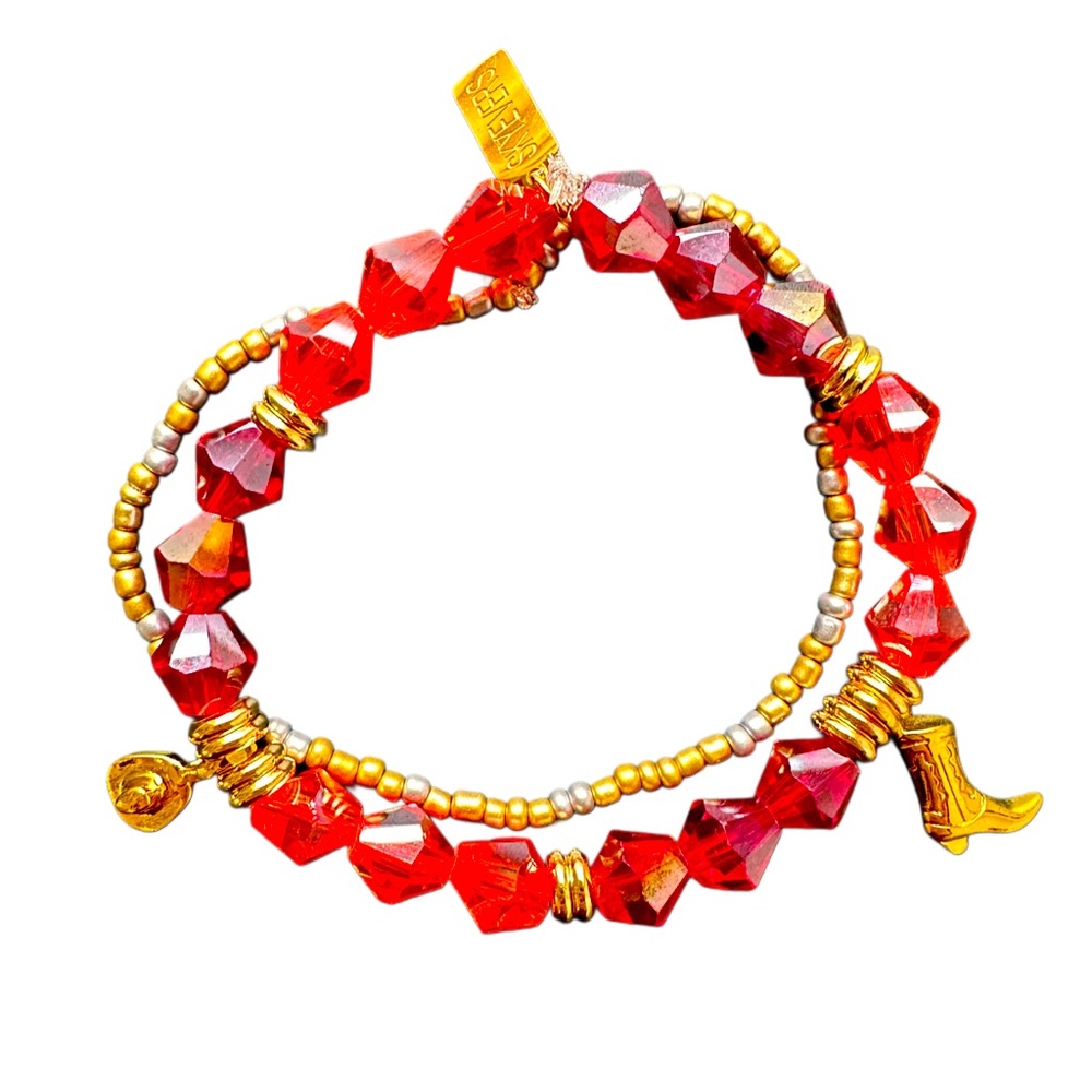 Handmade Western-Inspired Beaded Bracelet – Red, Gold & Cowboy Charms